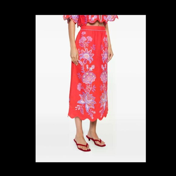 Farm Rio Porcelain Garden Euroflax Premium Linen Embroidered Scallop-Hem Skirt - Picture 2 of 16